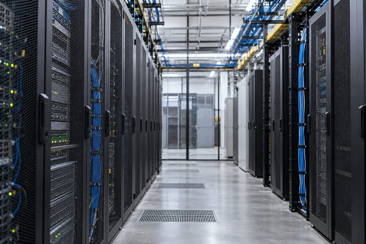 Enterprise server rack aisle and structured cable infrastructure