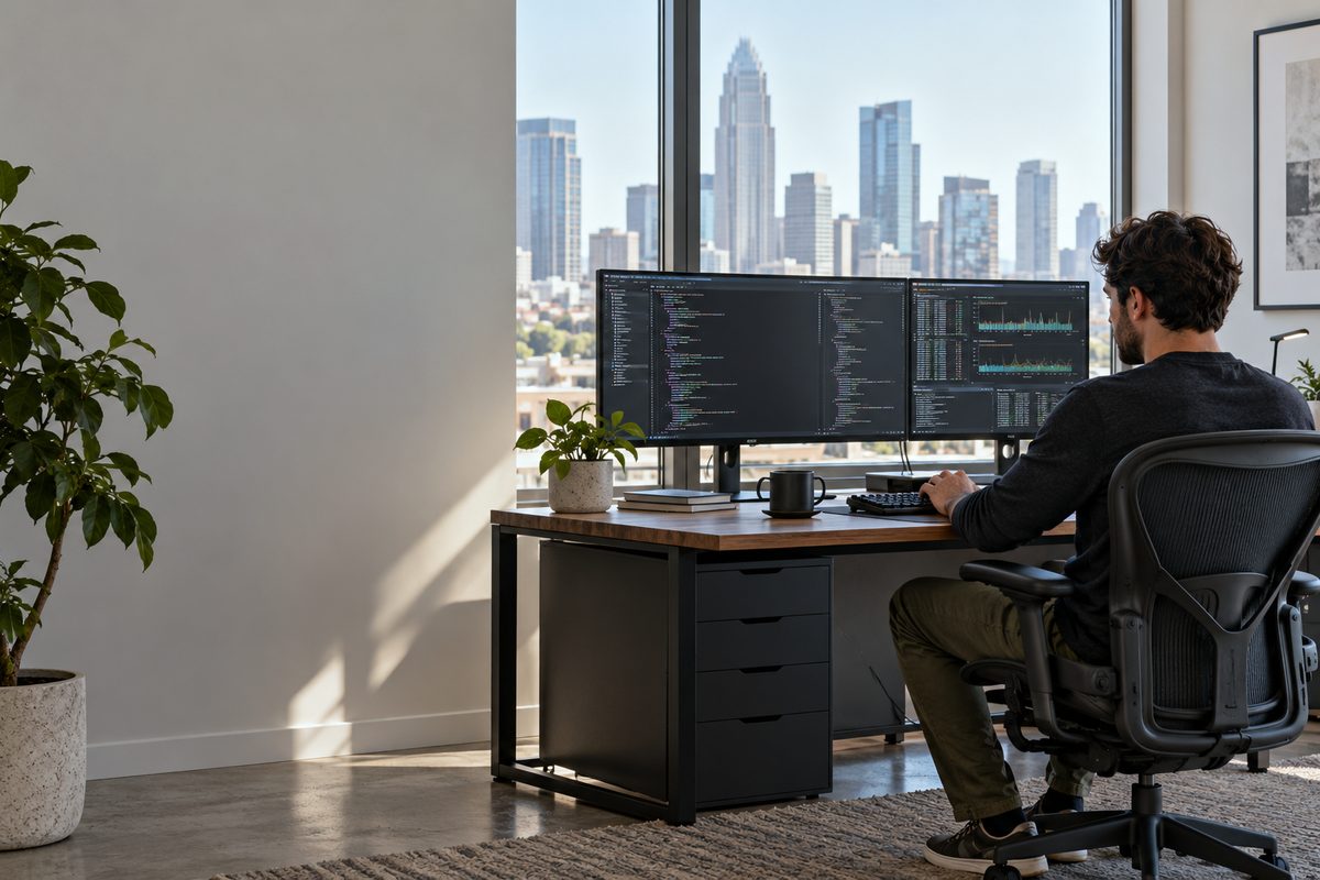 Software engineering workstation with dual displays and code terminal in soft natural light