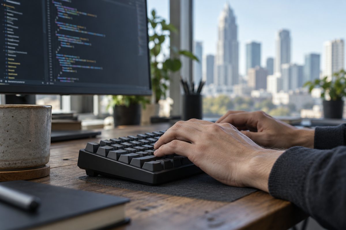 Software developer hands typing code on mechanical keyboard during code review