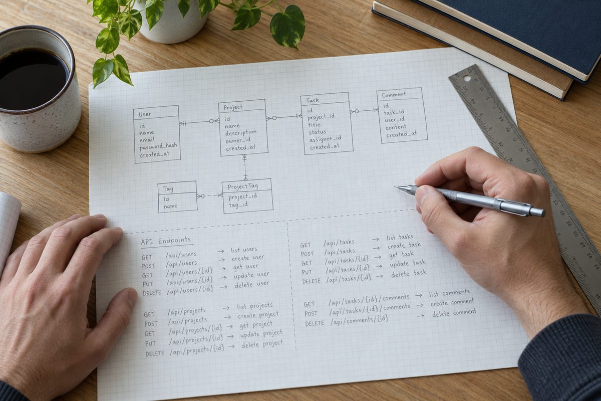 Database schema and system integration blueprint sketched on engineering paper