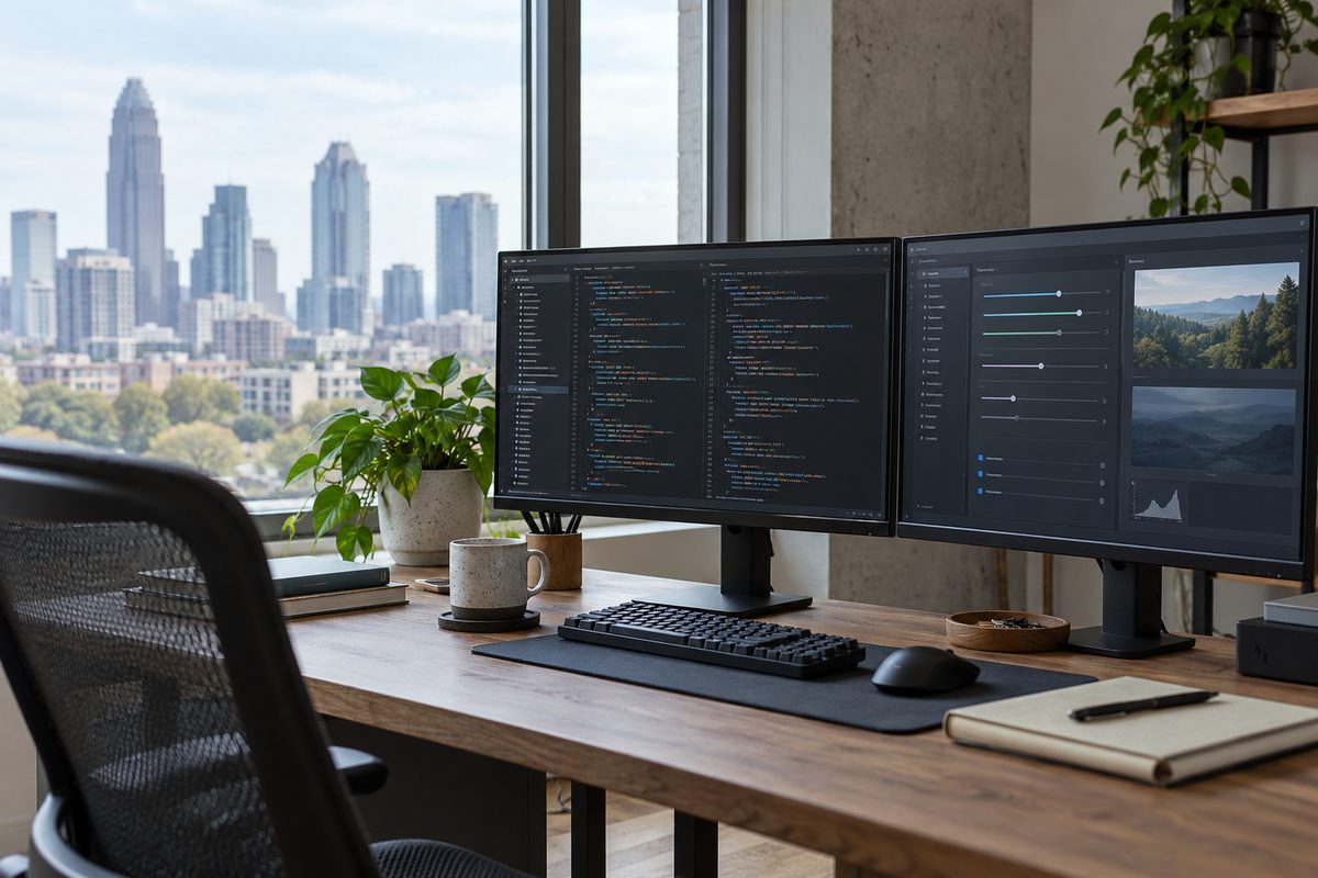 Dual monitors showing system configuration files and parameters